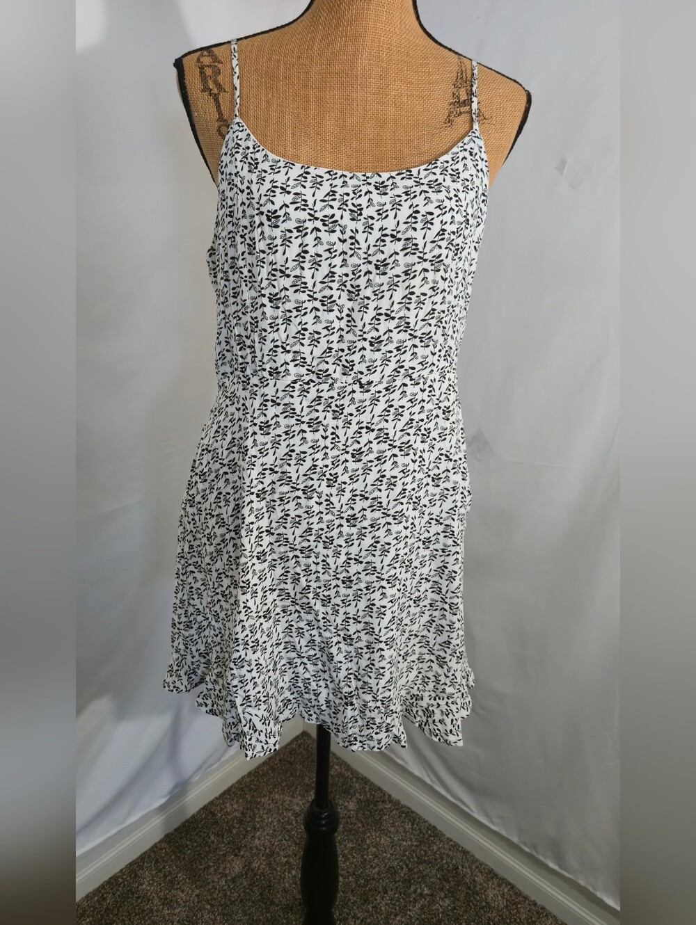 White and Black Printed Midi Dress - Sleeveless Spaghetti Strap